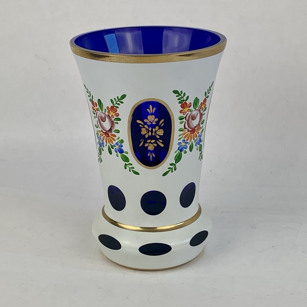 LAUSITZER GLAS Cobalt Blue Cut Crystal Vase Enameled Hand Painted Floral German
